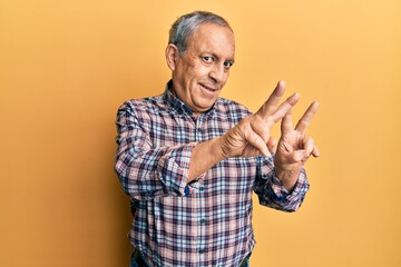 Poster - Handsome senior man with grey hair wearing casual shirt smiling looking to the camera showing fingers doing victory sign. number two.