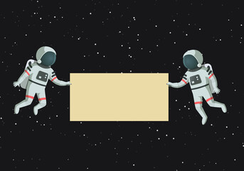 two astronauts floating and holding a big banner. space with stars in the background. vector design 