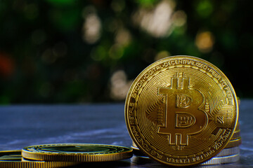 Poster - Bitcoin btc cryptocurrency coins on table and digital currency money concept, digital money in future
