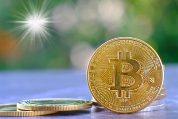 Poster - Bitcoin btc cryptocurrency coins on table and digital currency money concept, digital money in future