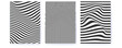 © eriksvoboda - Set of layouts with distorted wavy lines. Monochrome pattern with flowing stripes. Optical minimalistic background. Vector illustration. Poster templates.
