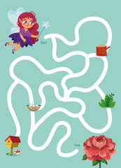 Wall Mural - Help the fairy to reach the flower. Maze game for kids. Vector illustration.