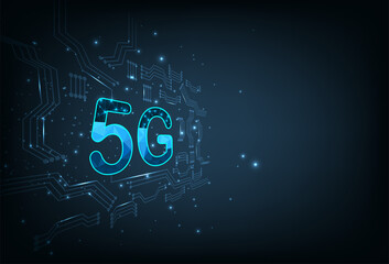 Leinwandbilder - 5G Icon on electric circuits dark blue background.Concept of develop 5G wireless technology network connection. High speed, broadband telecommunication.Vector design.