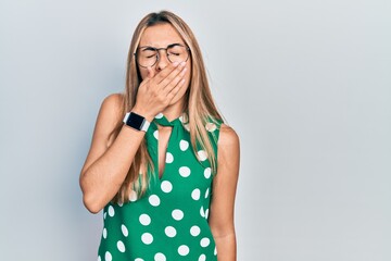 Sticker - Beautiful hispanic woman wearing elegant shirt and glasses bored yawning tired covering mouth with hand. restless and sleepiness.