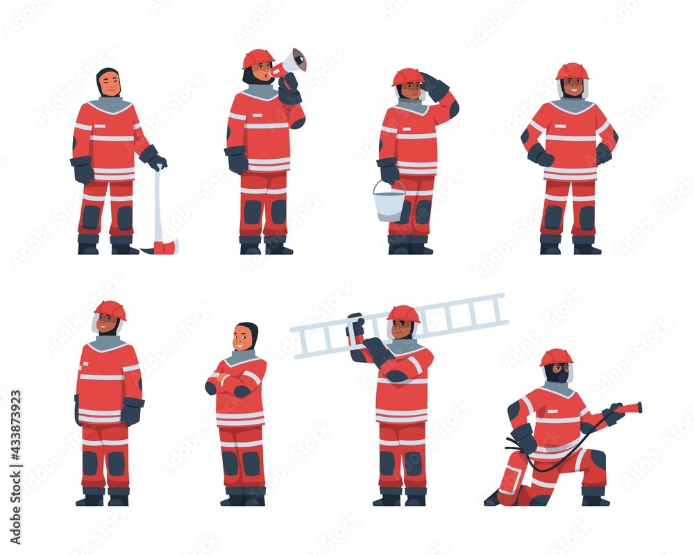 Firefighter. Cartoon fireman characters wear professional rescue ...