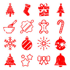 Aufkleber - snvi10 setnewvectorillustration snvi - 16 red grunge christmas icons . vector set . line filled . si