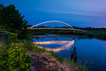 Minto Island Bridge In Salem Riverfront Park, Oregon, In Twilight