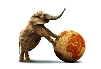 Wall Mural - Lonely elephant with dry planet earth isolated on a white background. Climate Change and Global warming concept.