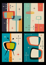 Mid Century Modern Background Set, 1950s - 1960s Patterns, Vintage Colors And Abstract Shapes