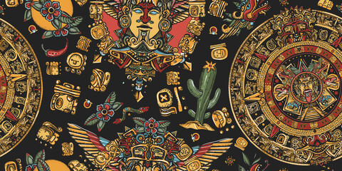 Wall Mural - Aztec sun stone, golden totem and mayan glyphs seamless pattern. Ancient Maya Civilization background. Mexican mesoamerican culture