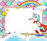 Fototapeta Mapy - Blank banner with cute unicorn cartoon character