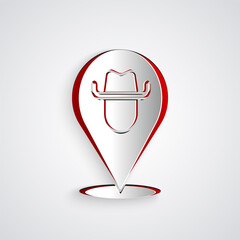 Poster - Paper cut Location cowboy icon isolated on grey background. Paper art style. Vector
