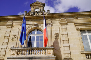 Wall Mural - mairie means city hall in french town of Bouliac with france and european flag on outdoor building wall