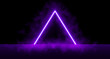Neon laser vibrant triangle with sparks, haze, and laser grid on starry space background. Purple vivid triangular portal. Cyberspace. RetroFuturistic background design.