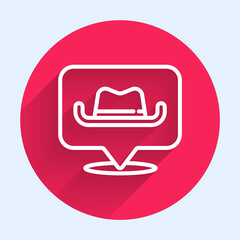 Poster - White line Location cowboy icon isolated with long shadow. Red circle button. Vector