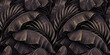 © alenarbuz - Tropical exotic seamless pattern with golden burgundy banana leaves, palm on night dark background. Premium hand-drawn textured vintage 3D illustration. Good for luxury wallpapers, fabric printing