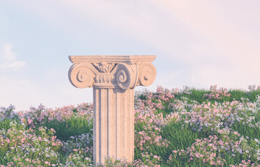 Poster - Natural beauty podium backdrop with spring flower field scene. 3d rendering. 
