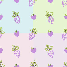 Cute Chinese Radish And Mini Purple Hearts Seamless Pattern With Soft Pink, Purple, Green And Blue Background