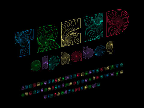 Spiral vortex style alphabet design with uppercase, lowercase, numbers and symbols