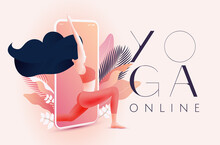 Yoga Online Concept With Girl In Asana Stepping Out From Smartphone Screen. Online Yoga Class Banner Or Post Image Design Template. Vector Illustration