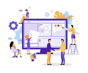 Fototapete - Web development team flat concept vector illustration. Designers, project managers 2D cartoon characters for web design. Supporting product quality. Creating webpages with HTML creative idea