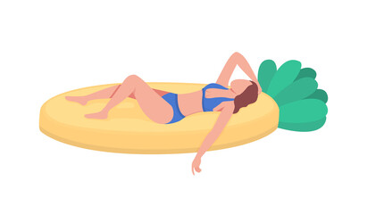 Poster - Sunbathing in inflatable pineapple float flat color vector faceless character. Water activity. Swimming pool party isolated cartoon illustration for web graphic design and animation