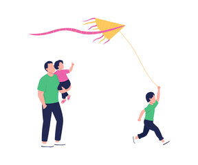 Poster - Spending summer time outdoor with family flat color vector faceless characters. All-ages fun hobby. Running flying kite isolated cartoon illustration for web graphic design and animation