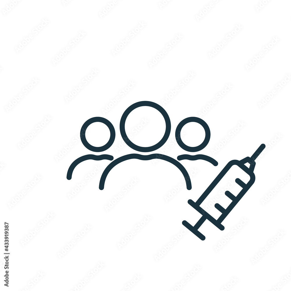 Vaccine Trials thin line icon. Group of People and Syringe. Testing Medical Vaccination. Time to vaccinate concept. Syringe simple thin line icon. Editable stroke. Vector illustration - obrazy, fototapety, plakaty 