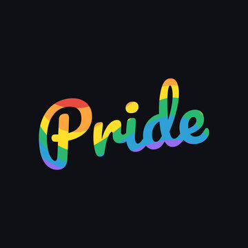 Pride Rainbow Text. LGBT Pride Lettering with LGBTQ Pride Flag Colours on Dark Background. Square Banner with Pride Cursive Typography. Square Banner Vector Template for Social Media Post or Poster   