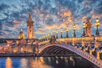 Fototapete - Alexandre III bridge in Paris at sunset