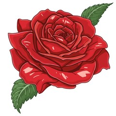 Rose red beautiful with green leaves in vintage style isolated on white background. Hand drawn illustration design element.