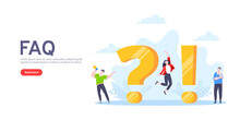 Q And A Or FAQ Concept With Tiny People Characters, Big Question And Exclamation Mark, Frequently Asked Questions Template. Answers Business Support Concept Flat Style Design Vector Illustration.