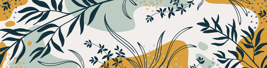 Wall Mural - botanical banner with organic shapes, leaves, plants. abstract natural elements in trendy doodle sty