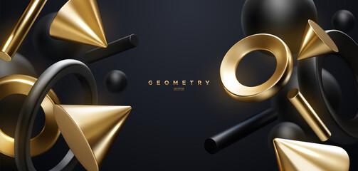 Poster - Black and golden geometric shapes backdrop. Abstract elegant background.