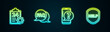 © Kostiantyn - Set line Checklist with 24 hours service, Speech bubble FAQ, Mobile phone question and Shield text Help. Glowing neon icon. Vector
