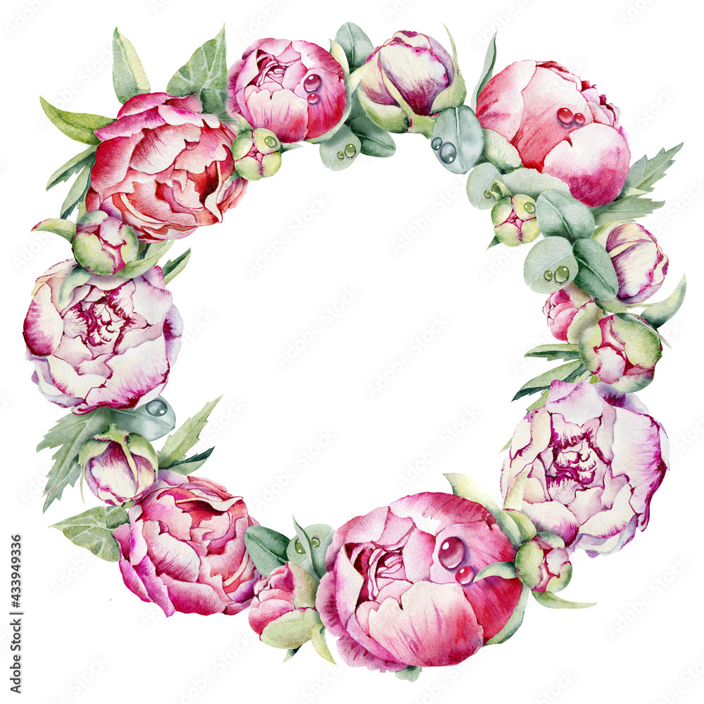 Watercolor round floral wreath, peonies flower frame. Hand drawn ...