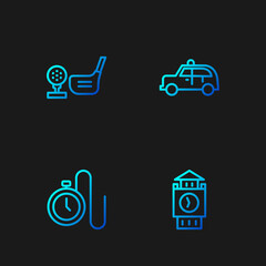 Poster - Set line Big Ben tower, Watch with a chain, Golf club ball on tee and Taxi car. Gradient color icons. Vector