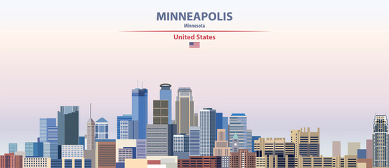 Fototapete - Minneapolis cityscape on sunset sky background vector illustration with country and city name and with flag of United States