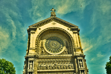 Paris, France - June 6th 2015 : The Saint-Augustin Church is a church in the 8th arrondissement of Paris, built between 1860 and 1871. Focus on the rose windows of the church.