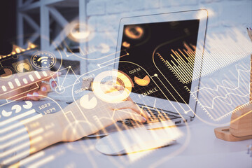 Poster - Double exposure of woman hands typing on computer and technology theme drawing. High Tech concept.