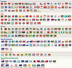 Wall Mural - all world flags arranged in alphabetical order and singled out by continents vector set