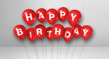 Red Happy Birthday Air Balloons On A White Background Scene. Horizontal Banner