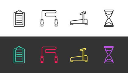 Sticker - Set line Sport training program, Jump rope, Treadmill machine and Old hourglass on black and white. Vector