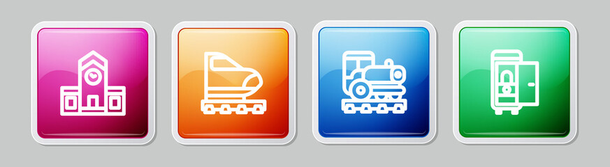 Sticker - Set line Railway station, High-speed train, Vintage locomotive and Toilet the car. Colorful square button. Vector