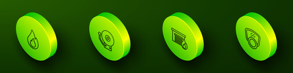 Set Isometric line Fire flame, Ringing alarm bell, burning garage and Gas mask icon. Vector