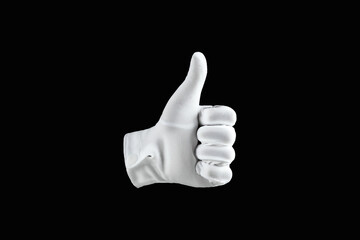 Human hand, hand in white glove isolated on black background, showing like gesture. Concept of human gesture of approval, like, cool.