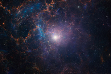 Wall Mural - deep space background with stars and colorful nebula centered around a pulsating bright star