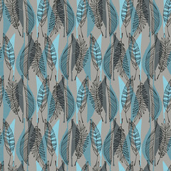  Seamless pattern with tropical leaves in retro 1970s style. Vector illustration on blue backgroud for surface design and other design projects