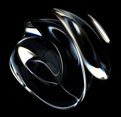 3d render of abstract art 3d sculpture with surreal alien dark flower in curve wavy spherical biological lines forms in glass and matte black rubber material on isolated black background