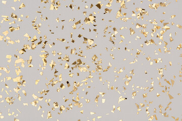 Wall Mural - golden confetti on grey background, party gold foil glitter backdrop.